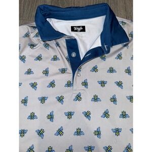 Waggle Golf Polo Mens 2XL Gray Blue Bumble Bee Print Performance Short Sleeve